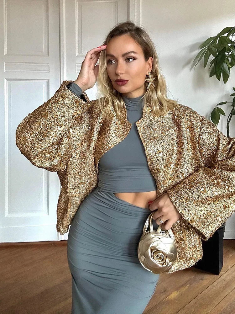 HH TRAF Autumn Sequins Golden Loose Jacket for Women Sparkle Long Sleeve Casual Bomber Jacket with Pockets Female Fashion Coats  Amaijoin