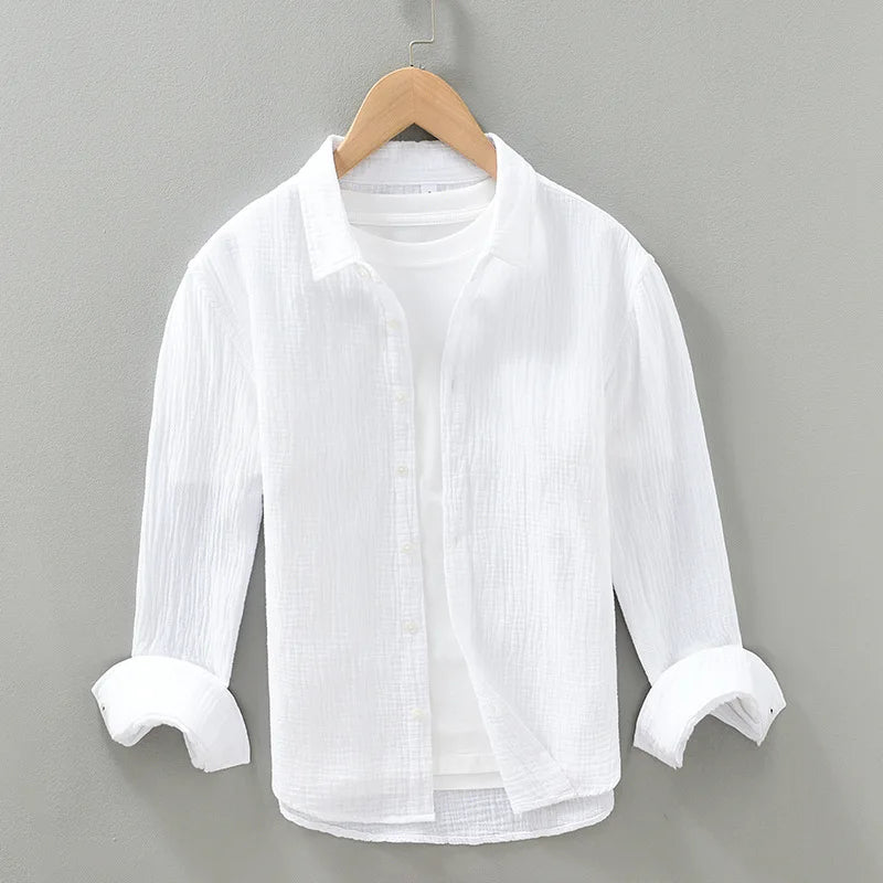 2093 Men's 100% Cotton High Quality Pleated Shirt Japan Style Solid Color Simple Basic Blouse Loose Casual Long Sleeve Tops Male  Amaijoin