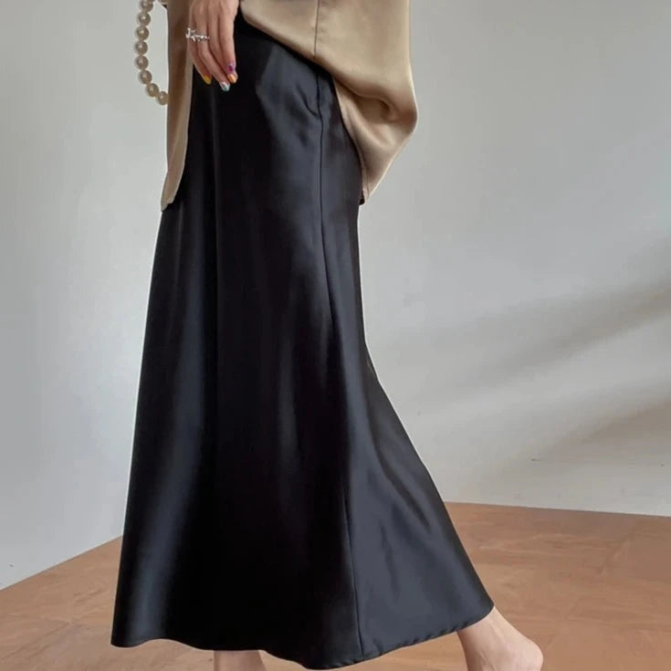 Silk Satin Skirts for Women Korean Style Champagne Office High Waist A-line Skirt Fashion Elegant Solid Long Pencil Skirt 2024  Amaijoin