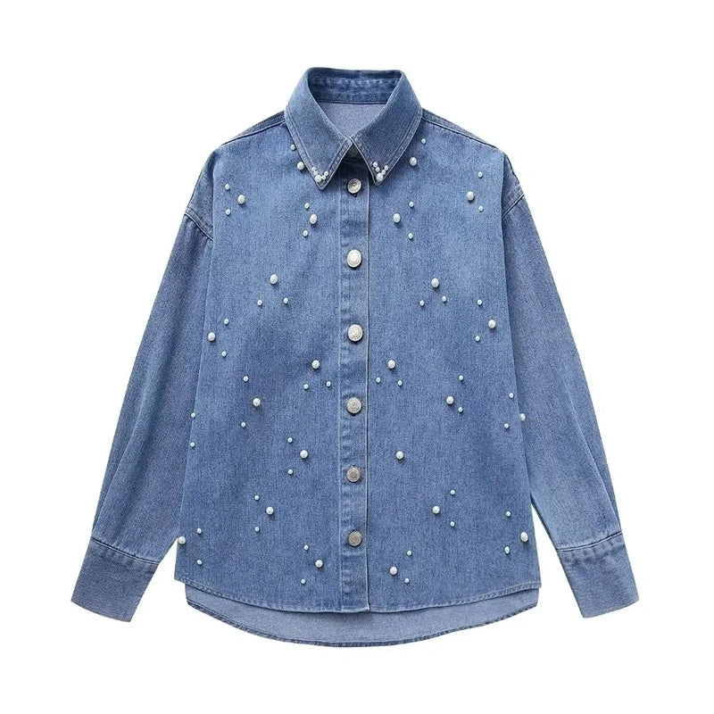 KEYANKETIAN Autumn New Women's Pearl Embellished Denim Shirt French Style Fashion Buttons Long Sleeve Loose Crop Top Chemise  Amaijoin