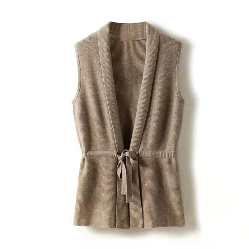 Hot selling cashmere vest women's V-neck solid color sleeveless knitted cardigan women's sweater loose all-match 100% pure wool  Amaijoin