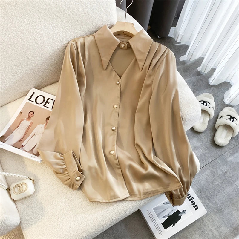 Zoki Sexy Hollow Out Women Satin Shirt Elegant Long Sleeve Casual Office Lady Blouse Korean Fashion All Match Loose White Tops  Amaijoin