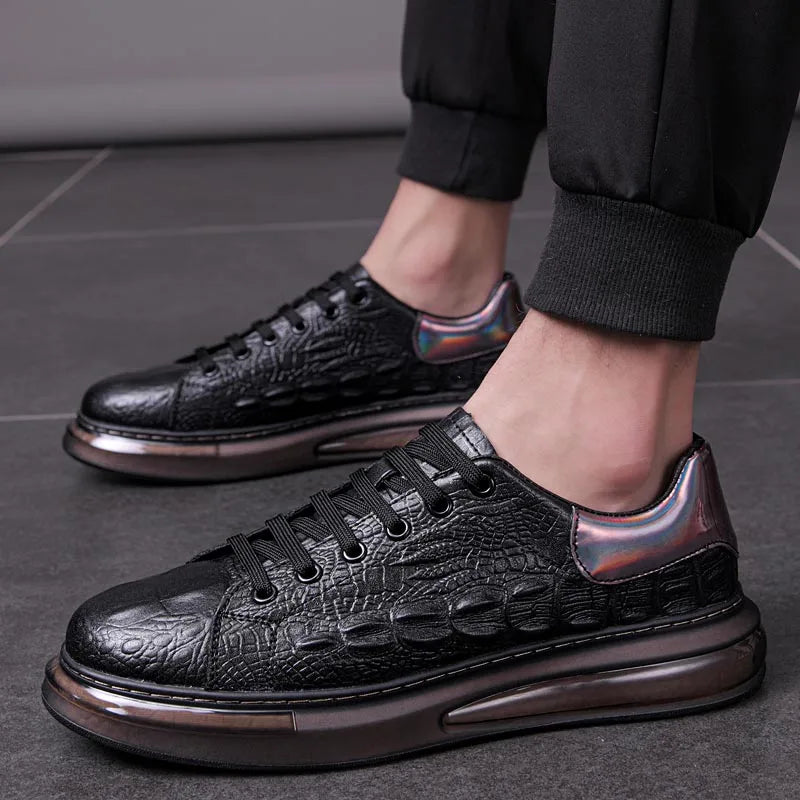 Spring Crocodile Pattern Thick Soled Men Sneakers Leather Casual Oxford Shoes Fashion Leather Low Top Lace-Up Brand Casual Shoes  Amaijoin