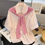 Load image into Gallery viewer, Women&#39;s Summer Trend Clothing Short Sleeved Striped Shirt Pocket Shawl Shirt Top Sweet Casual Office Lady&#39;s Shirts And Blouses  Amaijoin
