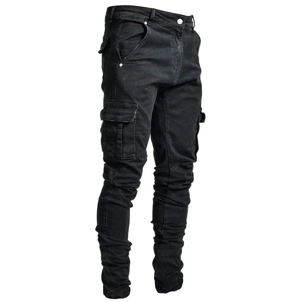 Street Elastic Jeans Men Denim Cargo Pants Wash Solid Color Multi Pockets Casual Mid Waist Trousers Slim Fit Daily Wear Joggers  Amaijoin