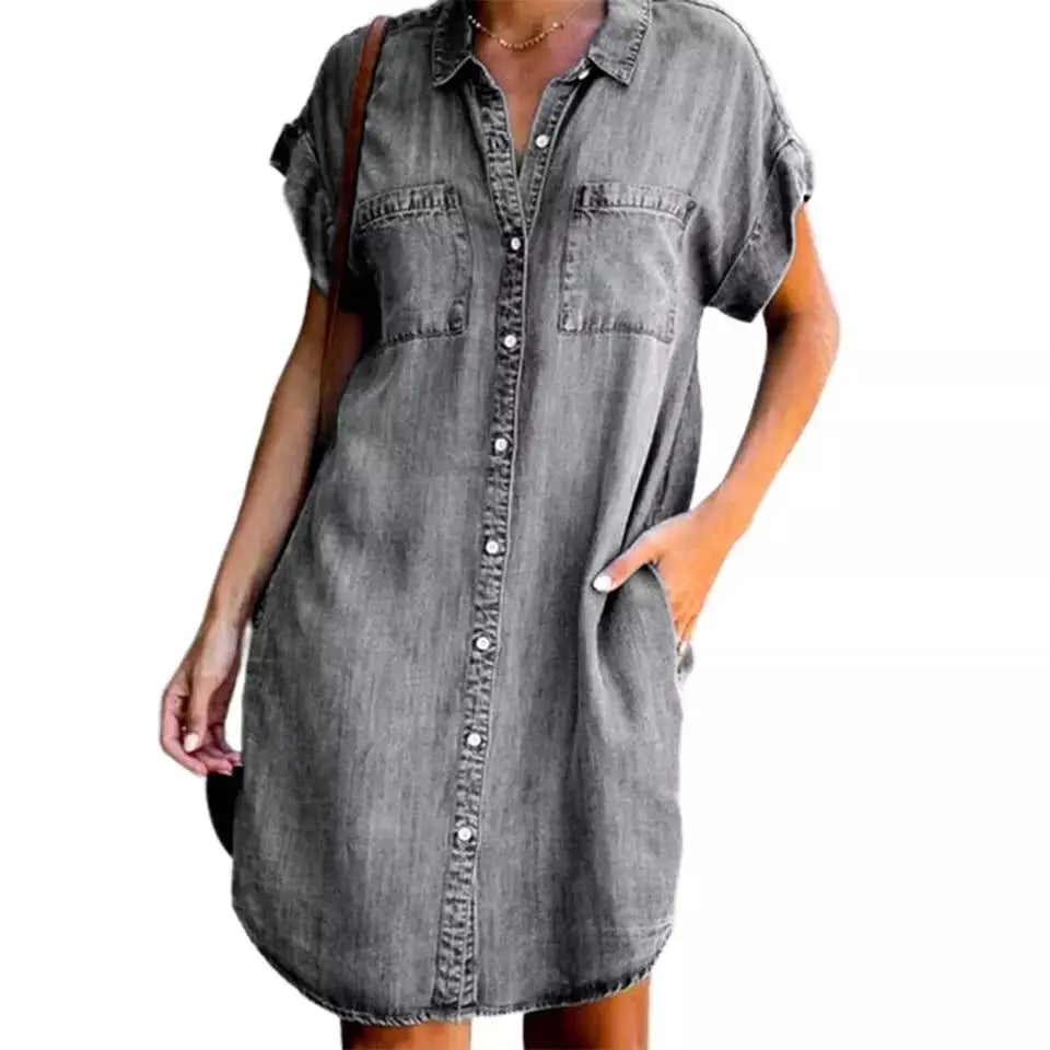 Summer New Single Breasted Denim Shirt Dress Women's Casual Loose Pocket Simple Retro Commuter Female Office Denim Short Skirt  Amaijoin