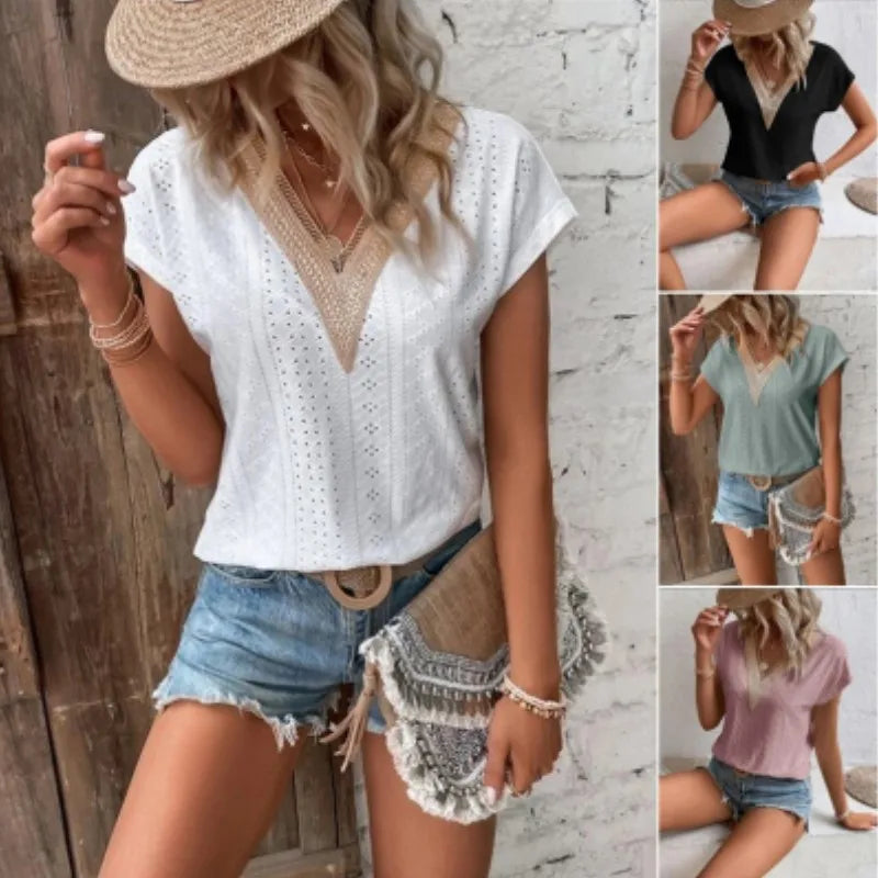 Women's Tees Casual Tops 2023 Summer Cotton Material  Female Solid Hollow V-neck Short Sleeve T-shirt S-XXXL  Amaijoin