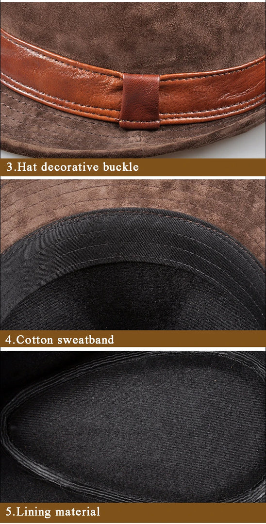 Men Genuine Leather Suede Cow Skin Nubuck Brown Fedoras Hats Women Gentleman Male Jazz Hip Pop Caps 56-60cm Fitted Hat  Amaijoin