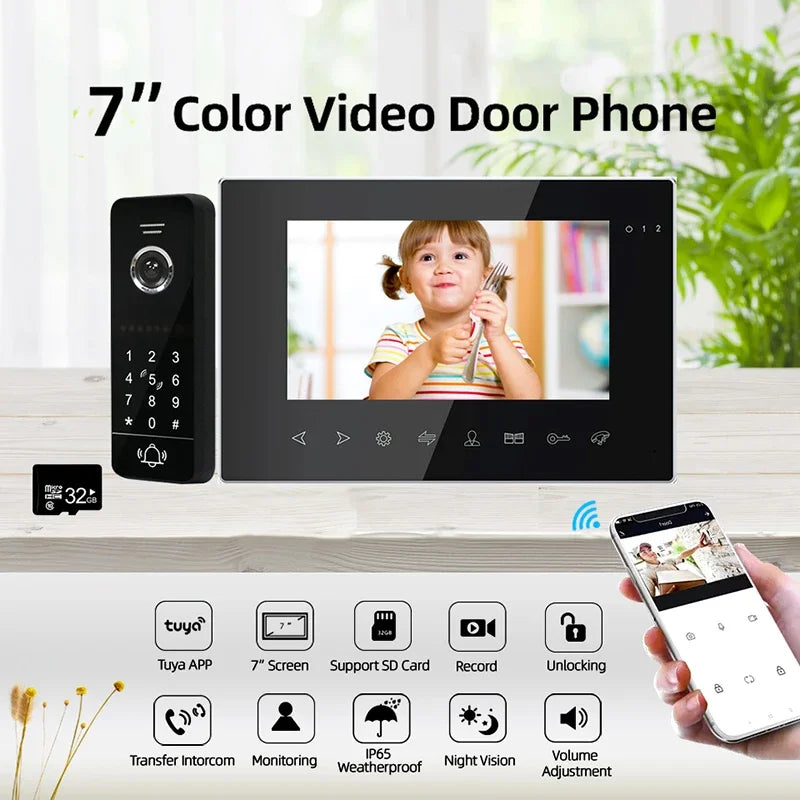 1080P System  7 Inch Tuya Video intercom Wireless WiFi password Door Home Video Doorbell With RFID Unlock Motion Detection  Amaijoin