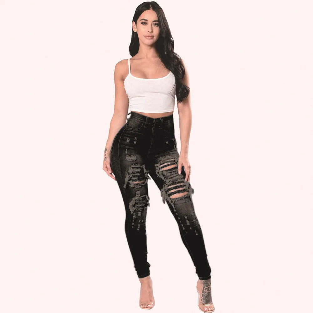 New Designer Denim Women 2022 High Waist Ripped Jeans for Women Skinny Black White Jeans Woman Elastic Slim Jean Female Femme  Amaijoin