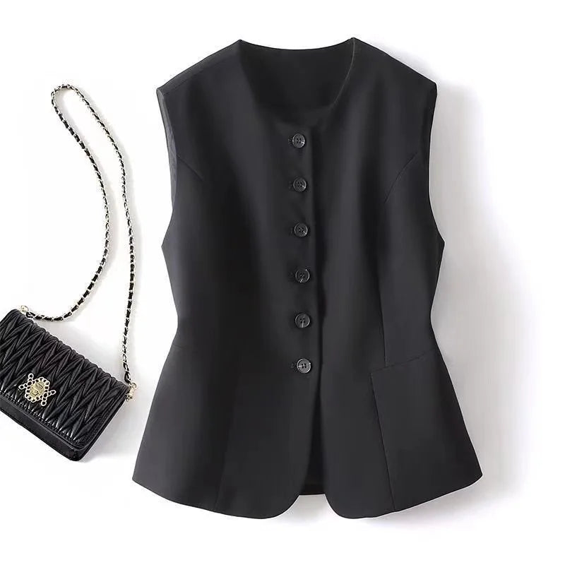 New Women Vest Coat Spring Autumn Solid Color O-Neck Single-Breasted Short Jacket Female Sleeveless Waistcoat Tops Chaleco Mujer  Amaijoin