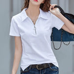 Load image into Gallery viewer, New 2024 Summer Women T Shirt Cotton Elegant Style Zipper Neck Fashion Office Lady Top Short Sleeve Polo For Women  Amaijoin
