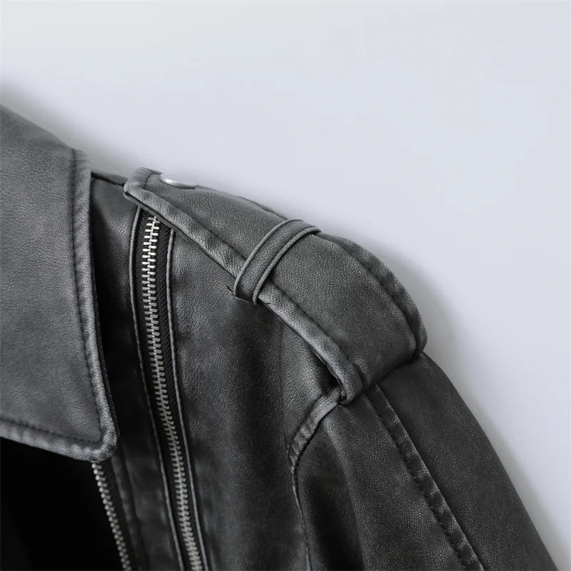 ZVRI 2023 Women's new short make old effect imitation leather motorcycle jacket jacket women's washed gray leather coat  Amaijoin