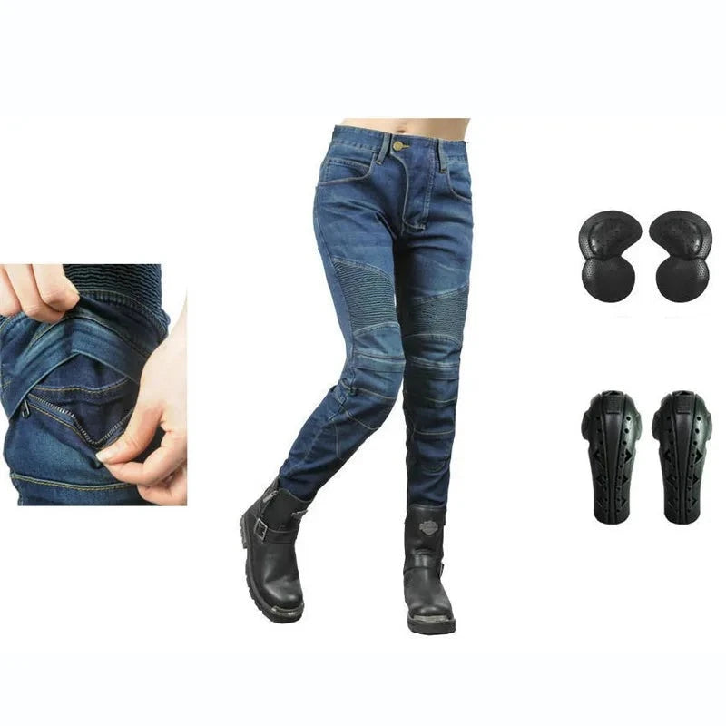 Motorcycle Pants Pantalon Moto Green Moto Jeans Woman Boyfriends Motorcycle Leisure Women's Jeans Blue Riding High Waist Jeans  Amaijoin