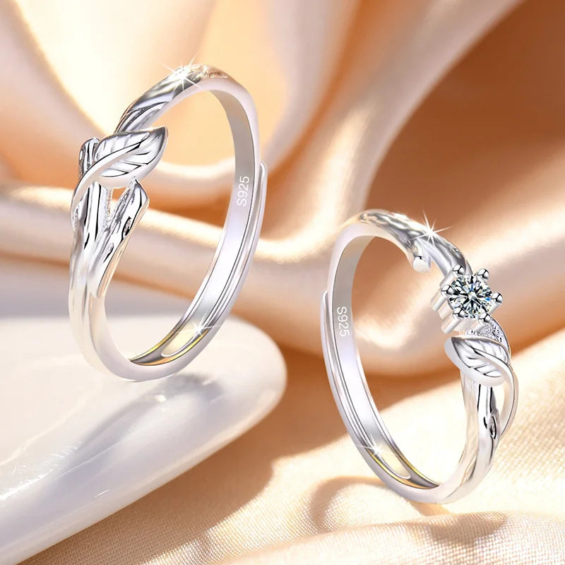 New Arrival Couple Ring Adjustable Fashion Personality 925 Silver Ring Men and Women Valentine's Day Gift Zircon Leaf Pair Rings  Amaijoin