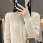 Load image into Gallery viewer, Round Neck 100% Merino Wool Cardigan Spring Autumn New Hollow Out Fashion Long Sleeved Solid Color Knitted Cardigan Sweater Top  Amaijoin
