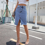 Load image into Gallery viewer, Benuynffy Zipper Fly Raw Hem Split Denim Skirt Women Spring and Summer High Waist Jeans Skirt Female Casual Bodycon Midi Skirts  Amaijoin
