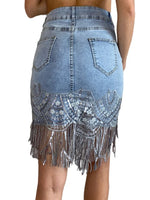 Load image into Gallery viewer, 2023 Woman Sleek Sexy Flap Pockets Sequin Fringed Mesh Hem Skinny Denim Skirt  Amaijoin
