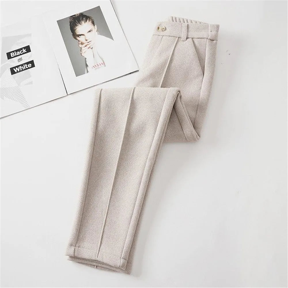 Women's Wool Dress Pants Casual Jogger Style Office  Wide Trousers  Woolen Cropped Pants ouc2533  Amaijoin