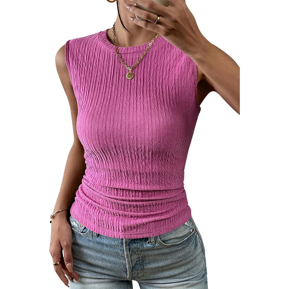 Women's High Neck Tank Top 2024 Summer Casual Ribbed Knit Slim Fitted Basic Textured Sleeveless Shirts  Amaijoin