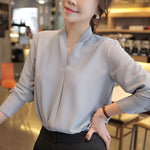 Load image into Gallery viewer, 2023 Autumn Long Sleeve White Shirt Women Korean Style V-neck Loose Tops Summer Office Lady Solid Chiffon Blouse Female 9382  Amaijoin
