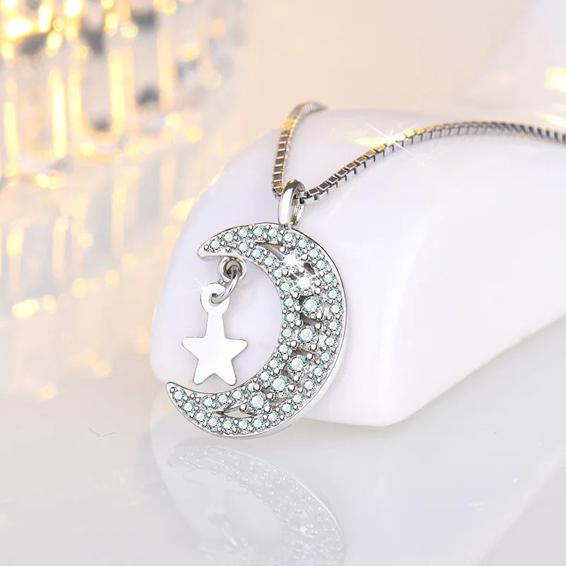 925 Sterling Silver Moon Necklace Pendant Zircon For Women Fashion Exquisite Student Girlfriend Jewelry Accessories Heart Gift  Amaijoin