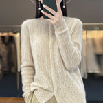 Load image into Gallery viewer, Round Neck 100% Merino Wool Cardigan Spring Autumn New Hollow Out Fashion Long Sleeved Solid Color Knitted Cardigan Sweater Top  Amaijoin
