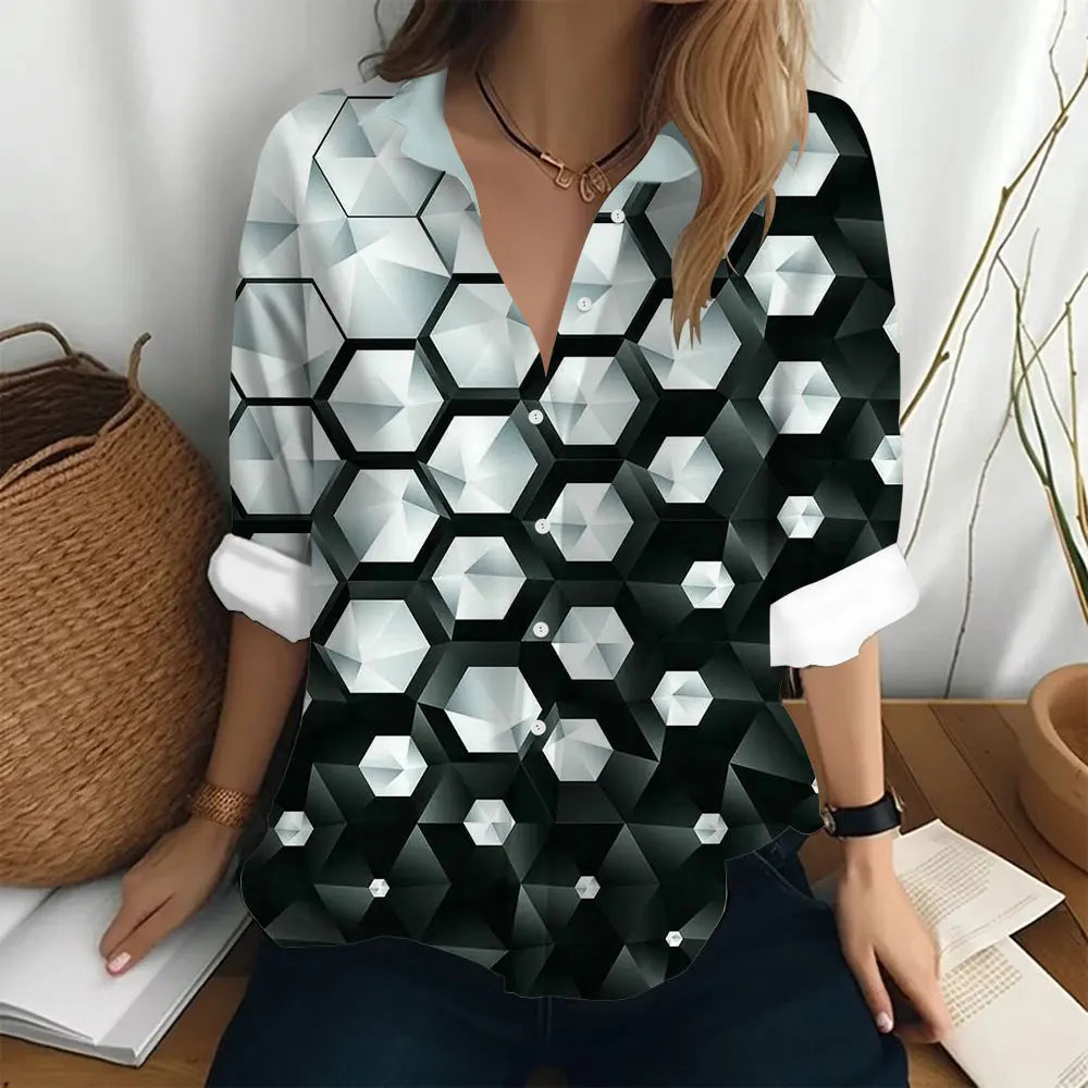 Autumn Women's Shirt Polo Collar Long Sleeve T-shirt Fashion Print Top Fashion Party Trend Women's Shirt Button Casual T-shirt  Amaijoin