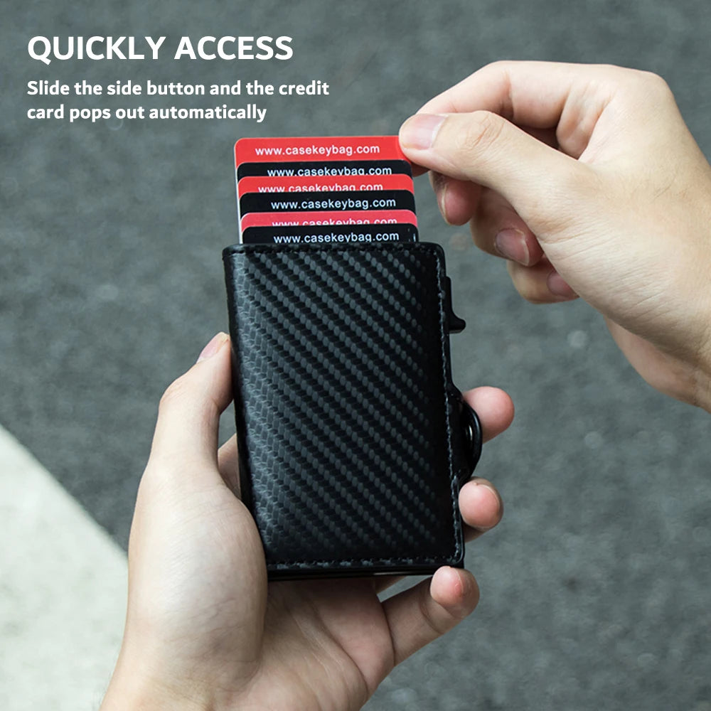 CASEKEY Credit Card Case Mini Wallet Men RFID Carbon Fiber Pu Leather Smart Vallet Small Aluminum Card Holder Portafoglio Uomo  Amaijoin