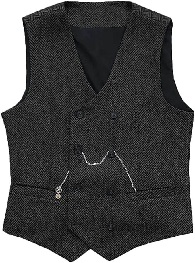 V Neck Men's  Suit Vests Herringbone Wool Tweed Double Breasted Waistcoat Tuxedo Groomsmen For  Wedding  Amaijoin