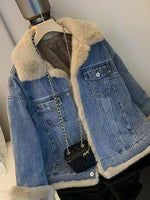 Load image into Gallery viewer, Winter Fleece Thicken Denim Jacket Women Loose Oversized Casual Warm Jeans Coats Wear Fur Collar Long Sleeves Female Clothes  Amaijoin
