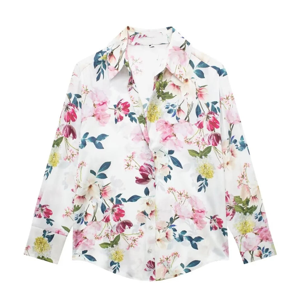 UNIZERA2024 Spring New Product Women's Casual Long sleeved Silk Satin Texture Retro Flower Print Shirt Loose Top  Amaijoin