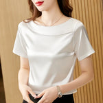 Load image into Gallery viewer, Satin Women Blouse T-shirt Skew Collar Blouses Summer Short Sleeve Womens Tops Solid Elegant Women Clothing OL Shirts for Women  Amaijoin
