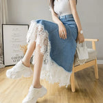 Load image into Gallery viewer, Harajuku Lace Patchwork Denim Skirt Woman Korean High Waist Blue Midi Skirts Women Summer Fashion Plus Sized 3Xl A-Line Skirt  Amaijoin
