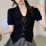 Load image into Gallery viewer, Korean Sweet Asymmetrical Crop Tops Women Summer New Solid Turn-down Collar Short Sleeve Bandage T Shirts Kawaii Clothes  Amaijoin
