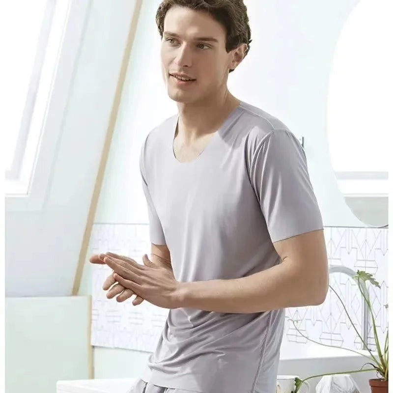 Men's Two-Piece Ice Silk Pajamas Men's Summer Thin Modal Short-Sleeved Pajamas Homewear Men's Large Size Pajamas Homewear Set  Amaijoin