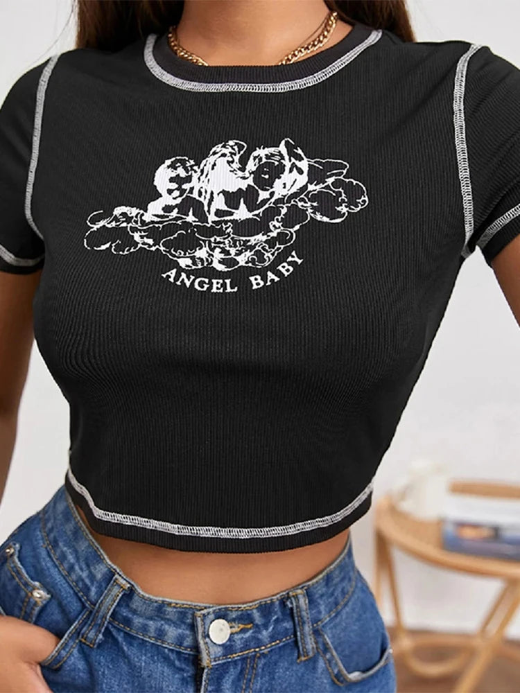 Women's Stylish Angel Letter Printed T-Shirt Short Sleeve Round Neck Contrast Stitch Slim Fit Wild Casual Crop Tops for Summer  Amaijoin