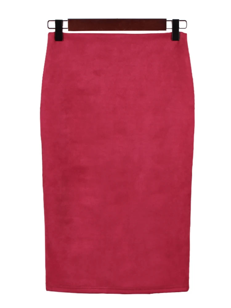 Sexy Multi Color Suede Midi Pencil Skirt Women Fashion Elastic High Waist Office Lady Bodycon Skirts Saias  Amaijoin