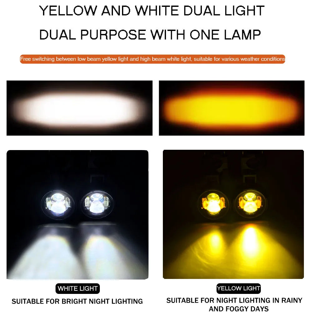 Pair 100W Motorcycle Headlight Fog Lights Led Auxiliary Driving Light Spotlight Headlamp Dual Color flasher farol Moto Fog Lamp.  Amaijoin