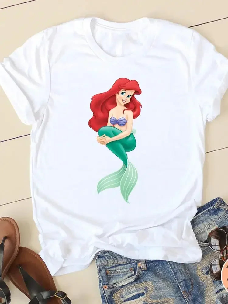 Women's T-shirt Short Sleeve Cartoon Graphic Casual Tee Clothes College 90s Style Interconnection Princess Fashion Female  Amaijoin