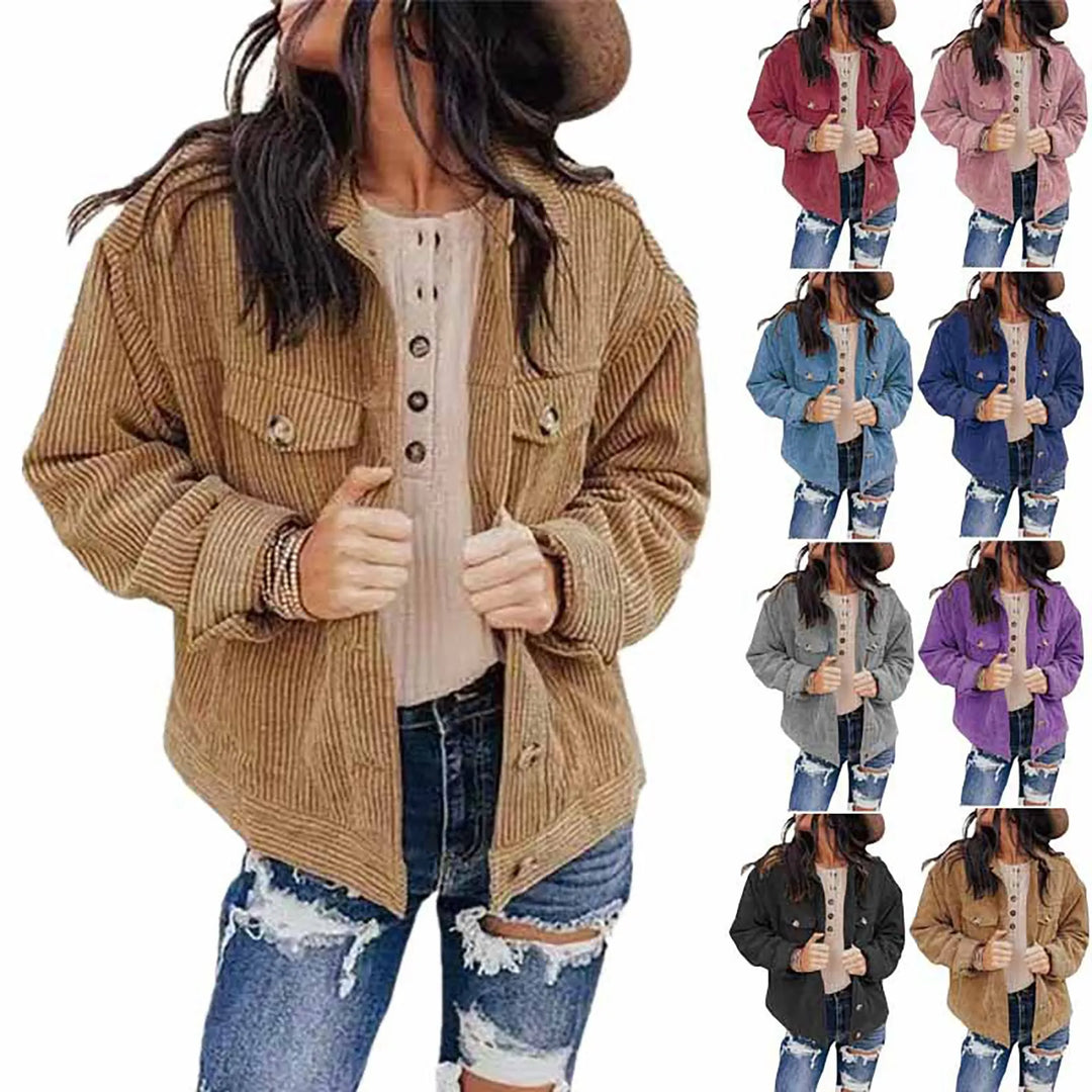 Women's Autumn And Winter Loose Corduroy Lapel Double Pockets Long-Sleeved Shirt Jacket  Amaijoin