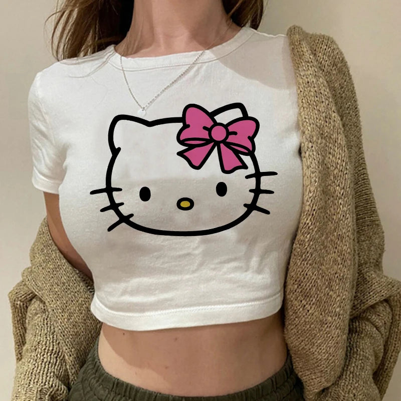 Tshirt Crop Top Hello Kitty T-shirt Kawaii T Shirt Sanrio Anime Cartoon Children Casual Clothes Y2k Cropped Tee Shirt Top  Amaijoin