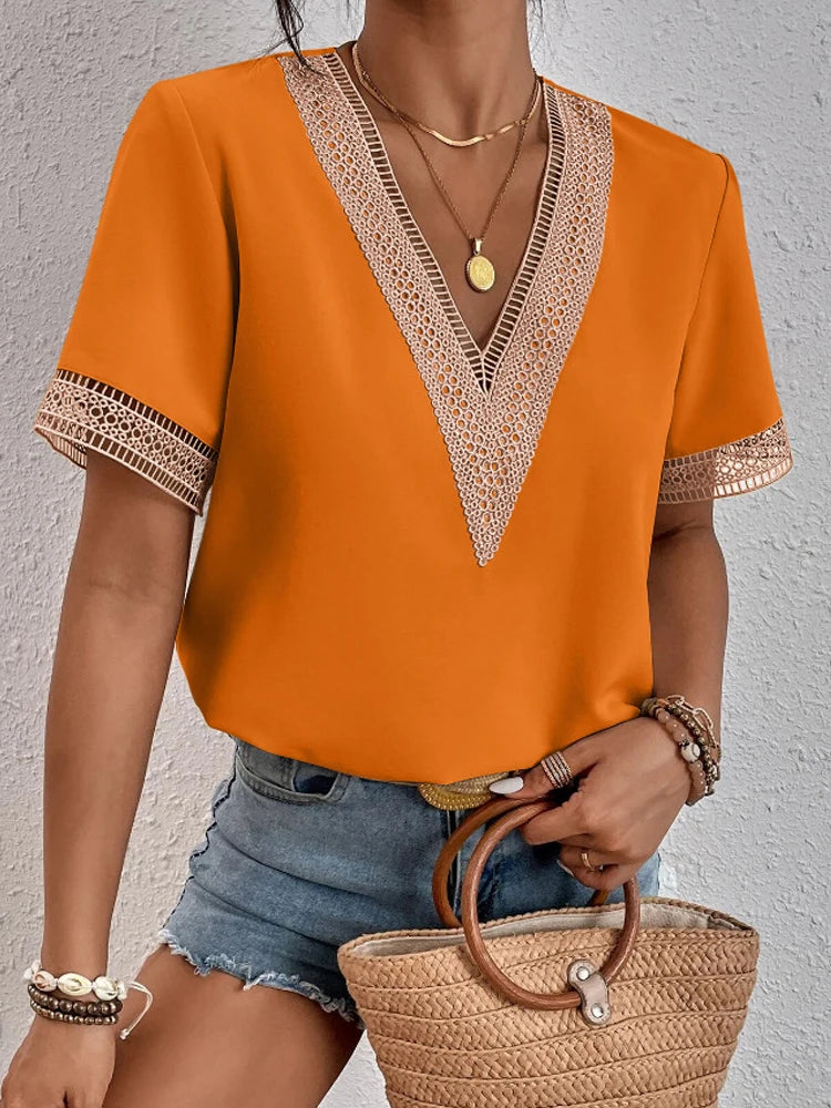 2023 summer new lace V-neck short-sleeved T-shirt women loose casual blouse thin solid color pullover  Amaijoin