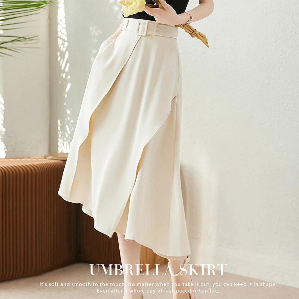 2024 New Irregular Elegant Women's Pleated Skirts With Belt High Waist Umbrella Skirt Spring Summer Casual Office Lady Clothing  Amaijoin