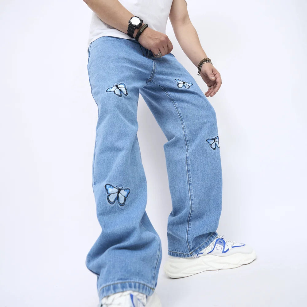 2023 New Men Butterfly Embroidery Stylish Loose Straight Jeans Pants Male Cotton Casual Denim Trousers  Amaijoin