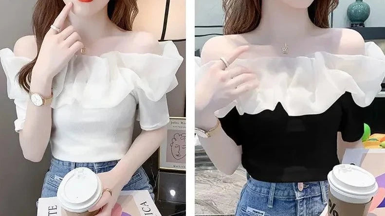 Off Shoulder Top Sexy Exposed Clavicle Ruffled Short Sleeve T-shirt Female Summer Chic Elegant Blouses Niche Fairy Kawaii Tops  Amaijoin