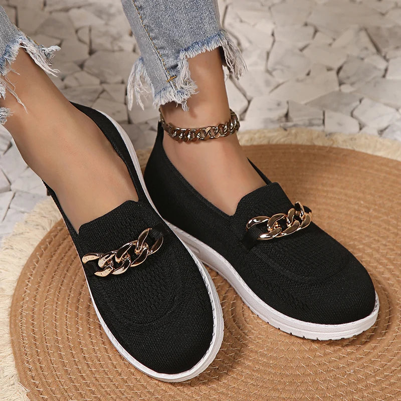 Metal Chain Decor Flats Shoes Women Plus Size 43 Mesh Breathable Shallow Loafers Woman 2023 Autumn Non-Slip Casual Shoes Ladies  Amaijoin