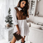 Load image into Gallery viewer, Casual Long Sleeve Mini Shirt Dress For Women White 2024 Spring PU Leather Patchwork Plaid Woman Dresses Clothing Femme Robe  Amaijoin
