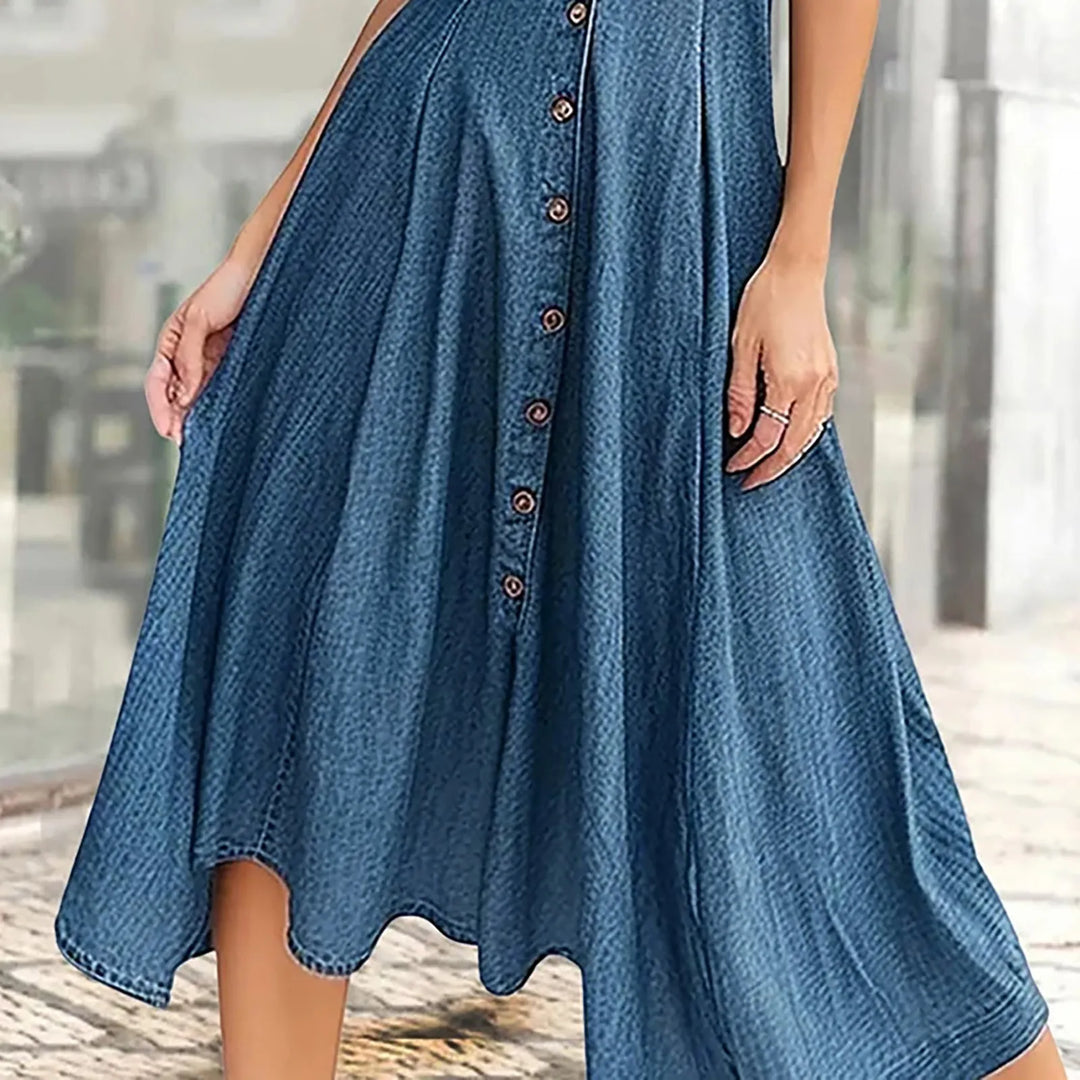 Women Casual Denim Dress Short Sleeve V Neck Pocket Dress Solid Buttons Slim Large Swing Loose Dress Elegant Summer Maxi Dresses  Amaijoin