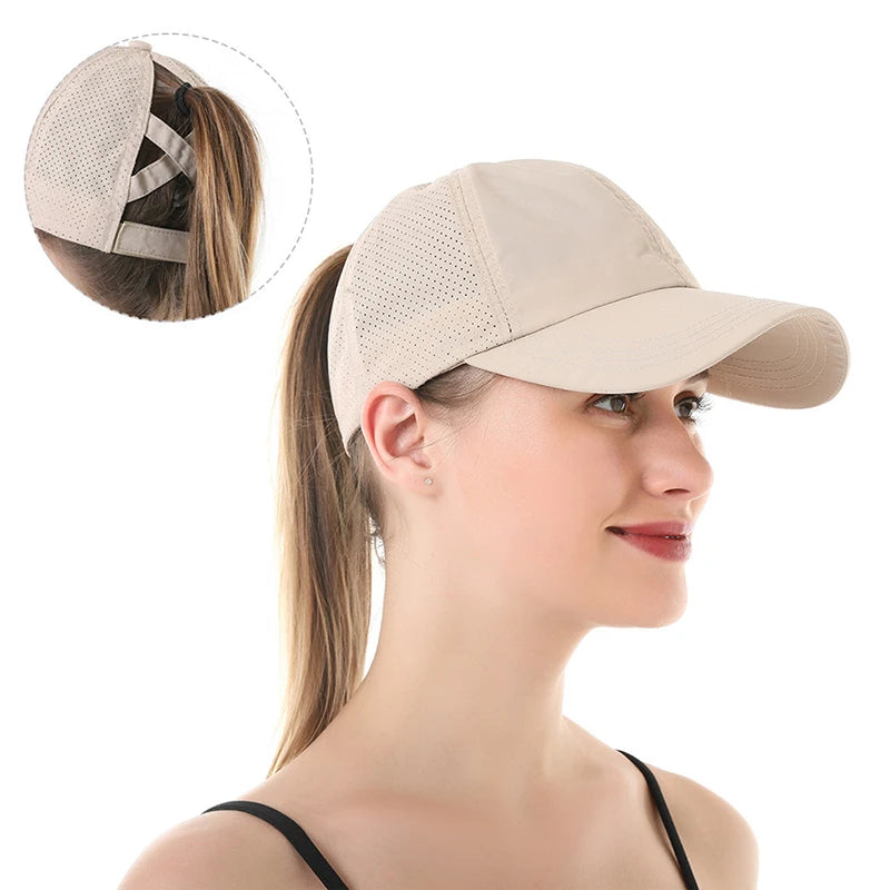 Summer Solid Color Baseball Caps Golf Wear Women Sport Leisure Cross Ponytail Hat Mesh Quick-Drying Half-Hollow Men's Peaked Cap  Amaijoin